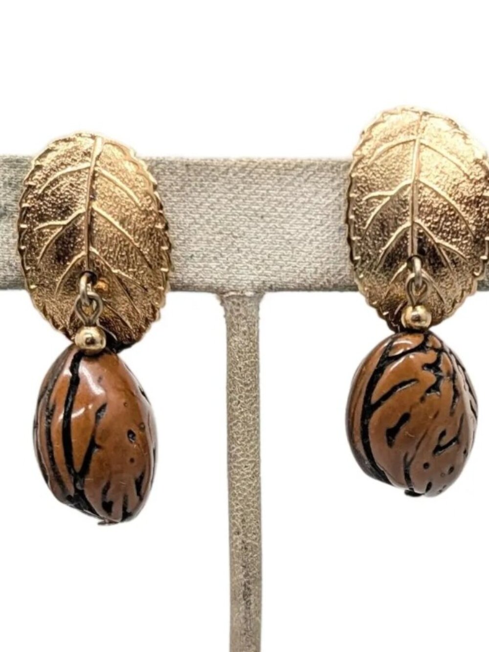 Vintage Signed Napier Goldtone Leaf With Seed Drop Clip Earrings